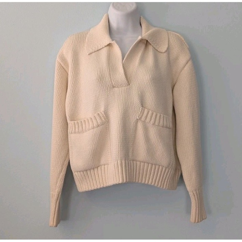 ZARA Collared Pullover Sweater Ivory Women's Small Chunky Patch Pockets